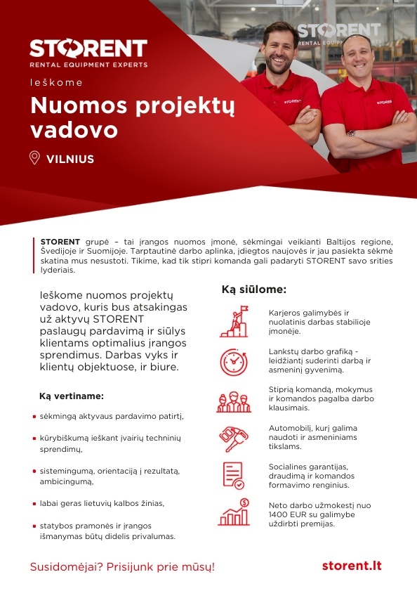 Storent UAB TECHNIKOS NUOMOS PROJEKTŲ VADOVAS (-Ė) (VILNIUS)